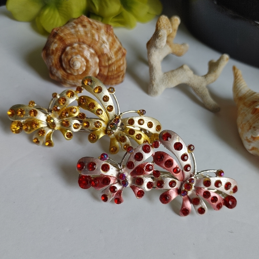 Red and Yellow Crystal Butterfly Hair Clips